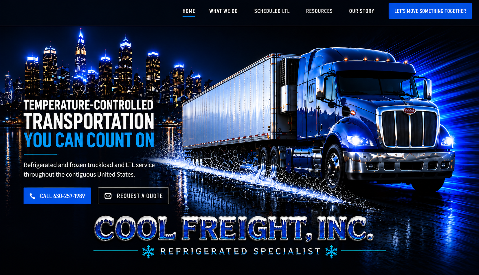 Cool Freight refrigerated truck beside the Chicago skyline; temperature-controlled transportation you can count on
